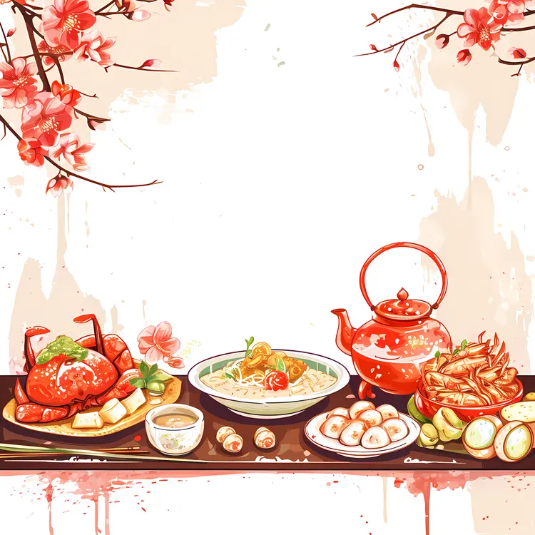 Chinese Cuisine with Teapot and Cherry Blossoms