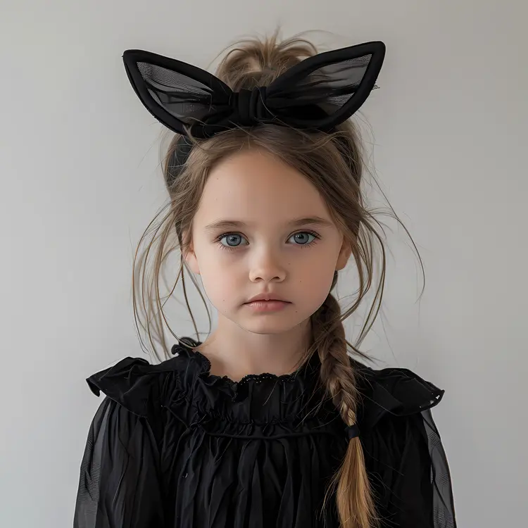 Girl with Cat Ears Headband in Black Dress