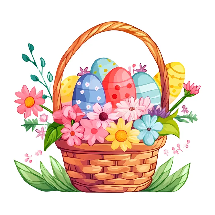 Easter Basket with Colorful Eggs and Flowers