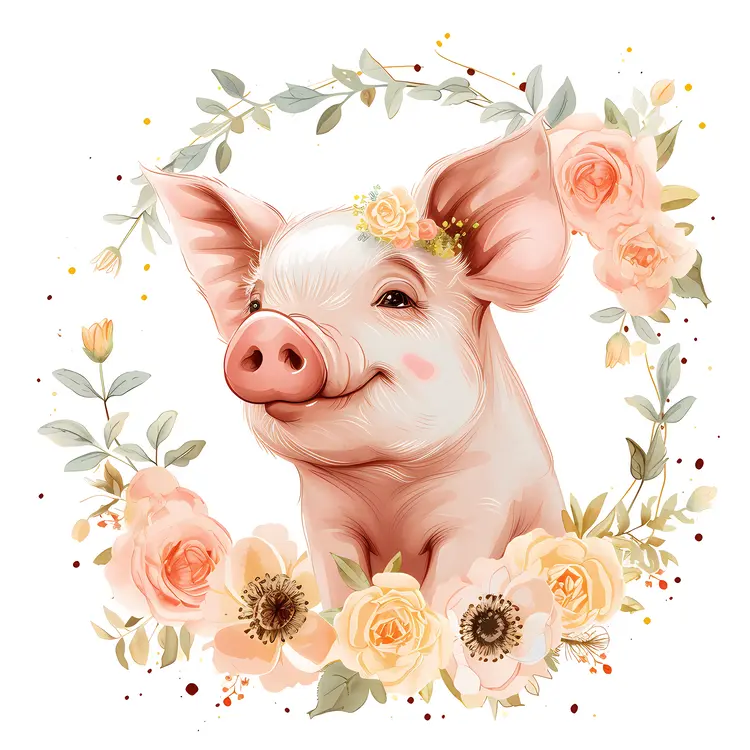 Cute Pig with Floral Wreath