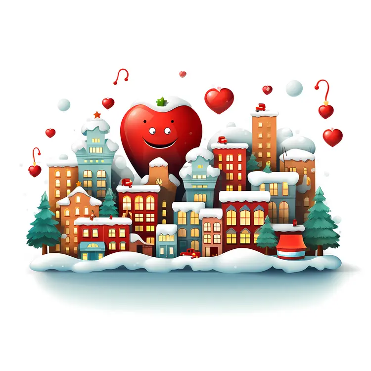 Snowy Town with Heart Decorations