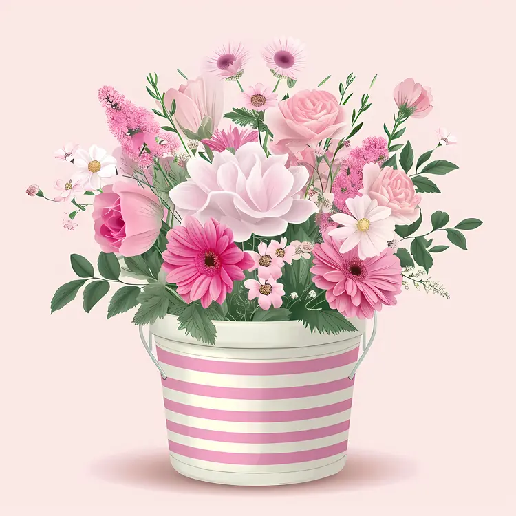 Beautiful Pink and White Flower Arrangement in Striped Bucket