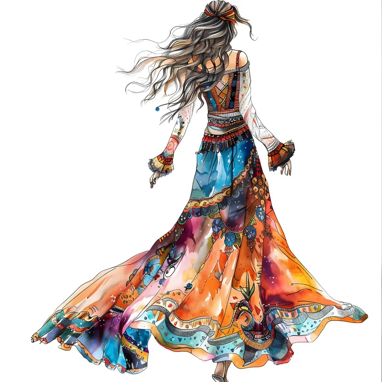 Colorful Bohemian Woman in Flowy Dress