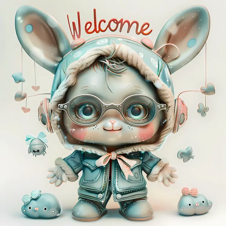 Cute Bunny Character with Welcome Sign