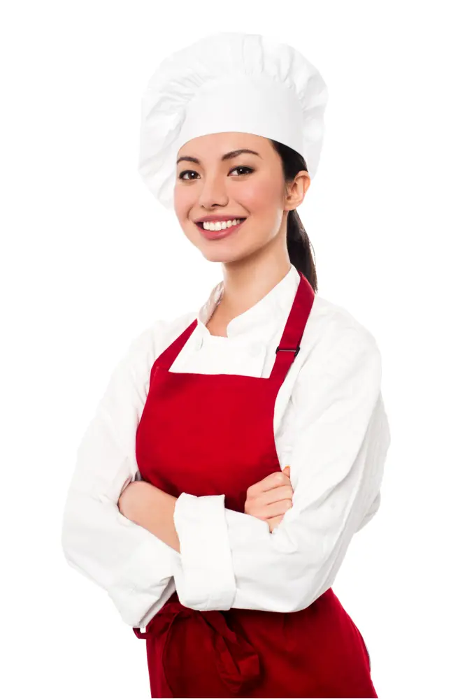 Smiling Woman in Chef Hat and Red Apron