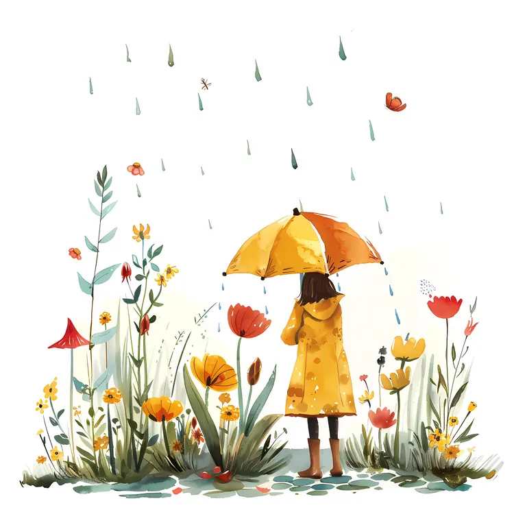 Child Holding Yellow Umbrella in Rainy Flower Garden
