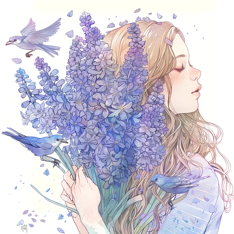 Girl Holding Blue Flowers with Birds