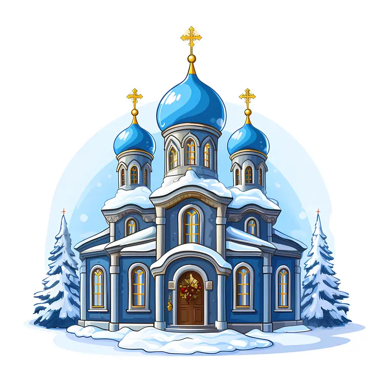 Snowy Church with Blue Domes