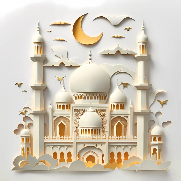 Intricate Paper Art Mosque with Crescent Moon