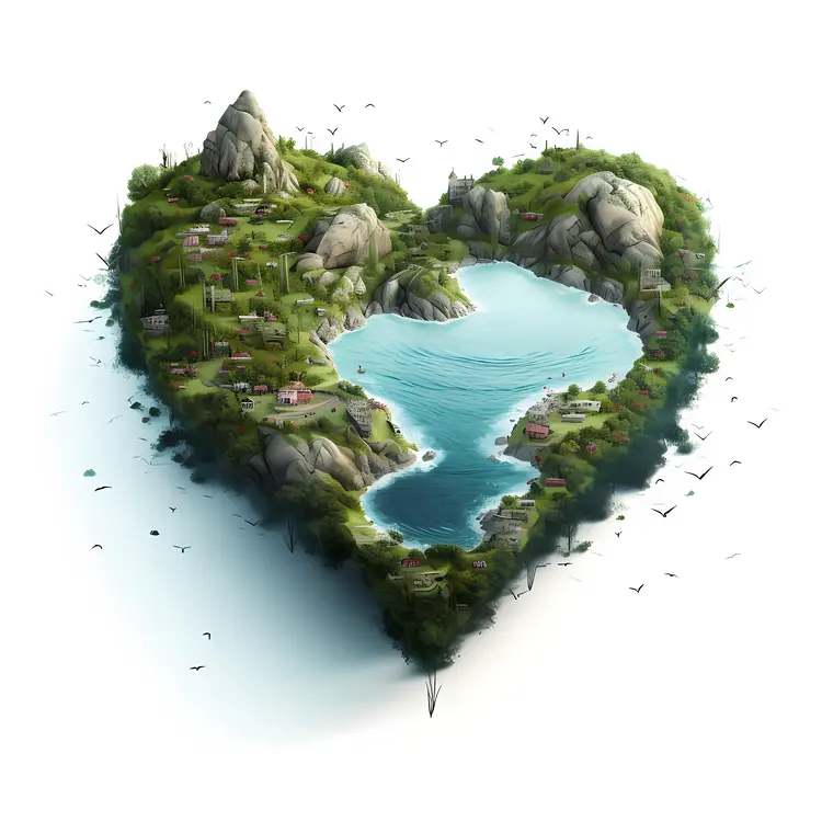 Heart-shaped Island with Houses and Beach