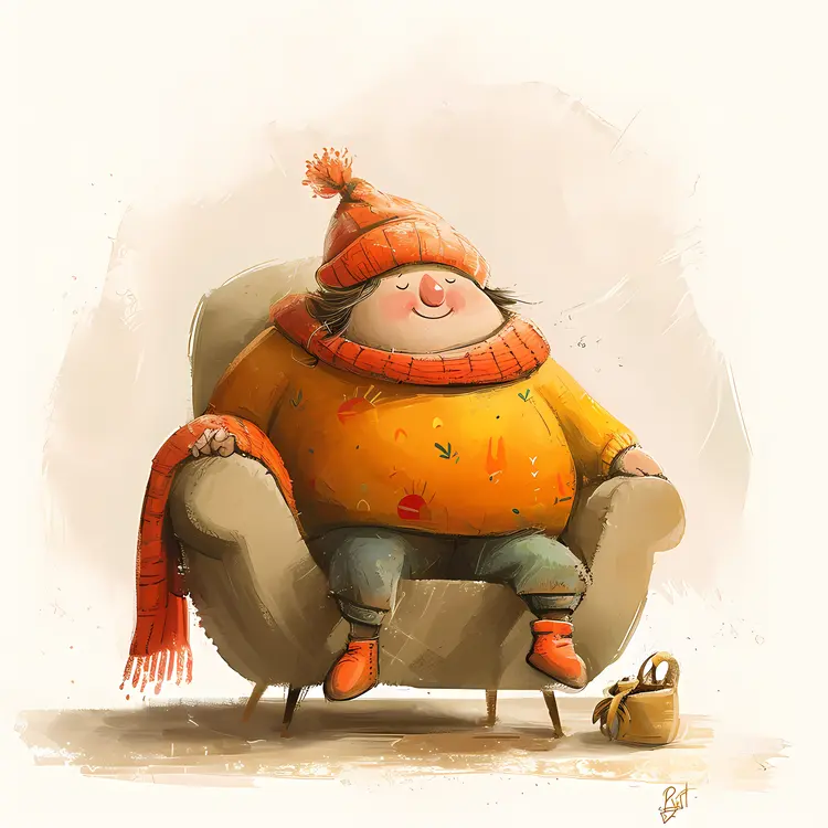 Chubby Character in Chair with Hat and Scarf