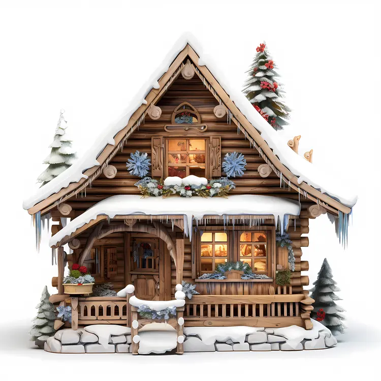 Log Cabin with Snow and Trees