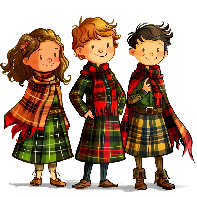 Three Children in Plaid Outfits Cartoon Illustration
