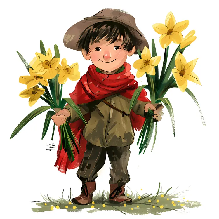 Boy Holding Yellow Daffodils in Both Hands