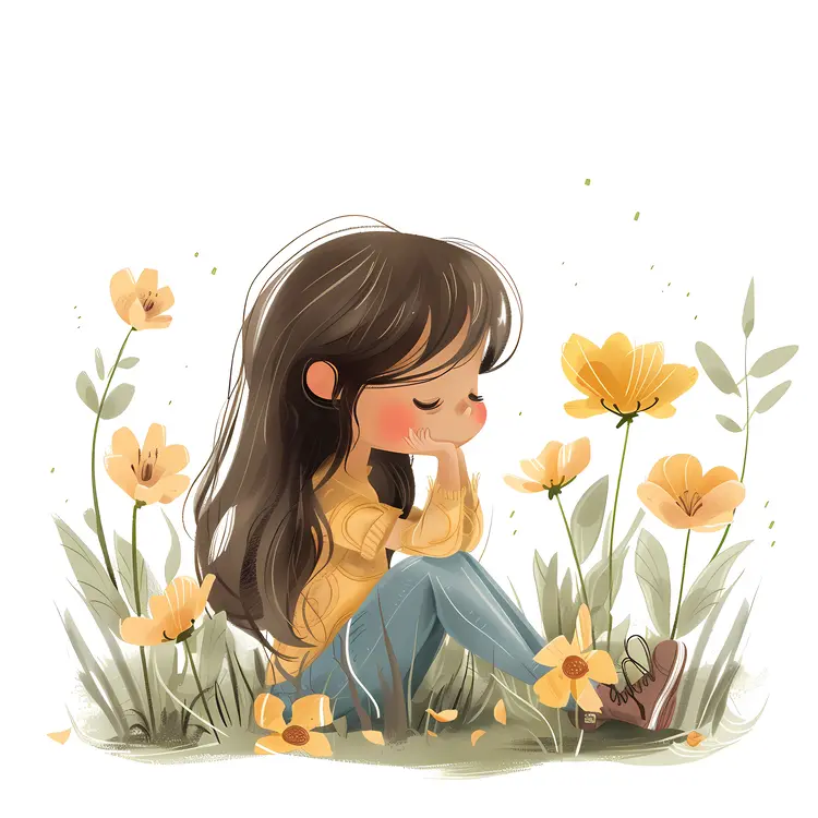 Girl Sitting Among Yellow Flowers