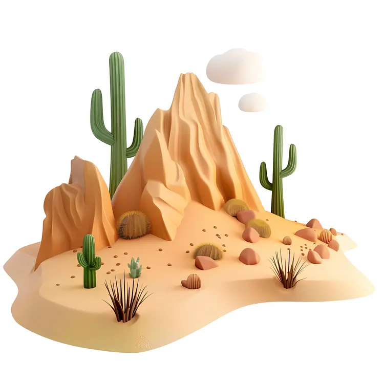 Desert Landscape with Cacti and Mountains
