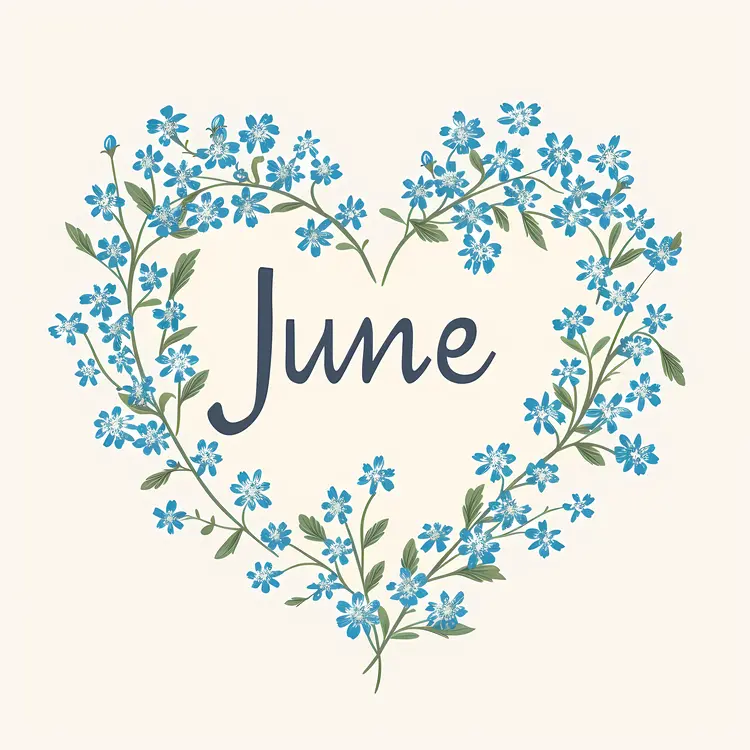 Heart-Shaped Blue Flowers with June Text
