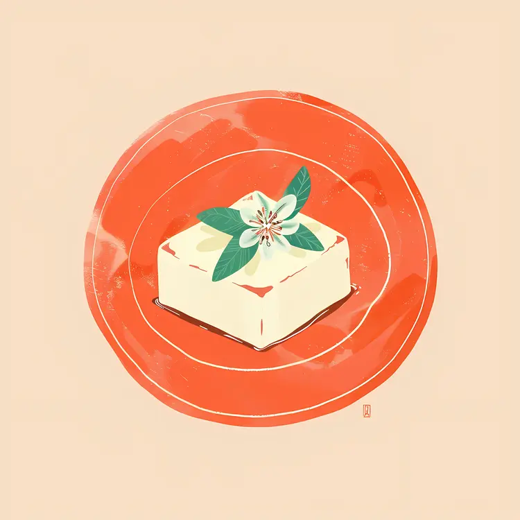 Tofu on Red Plate with Flower