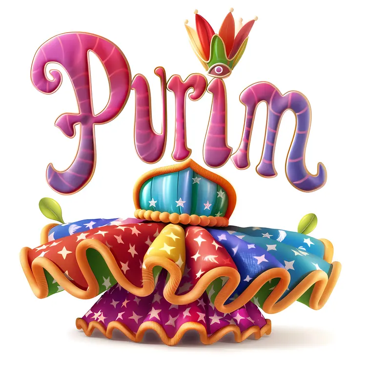 Purim Text with Crown and Colorful Decorations