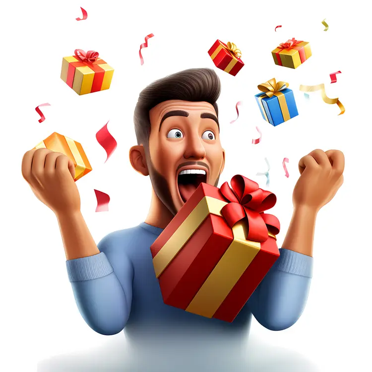 Excited Person with Gifts and Confetti