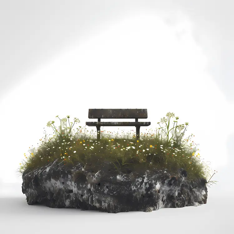 Wooden Bench on Grass with Flowers