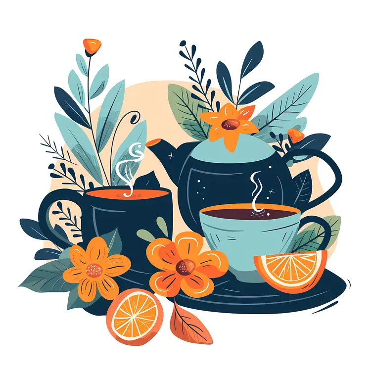 Tea Set with Flowers and Oranges