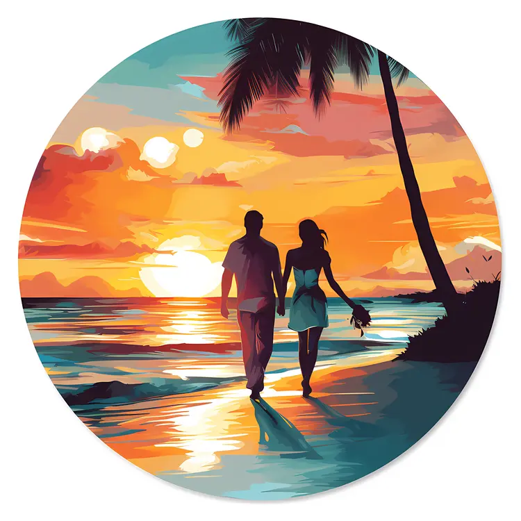 Couple Walking Hand in Hand on the Beach at Sunset