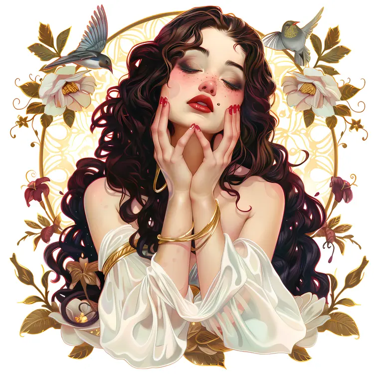 Elegant Woman with Flowers and Birds