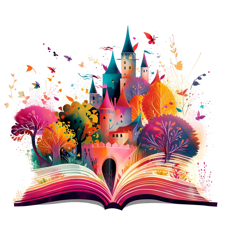 Castle on an Open Book with Colorful Trees