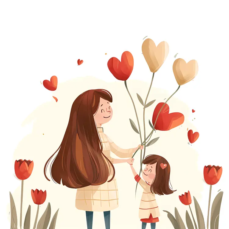 Mother and Daughter with Heart-Shaped Flowers