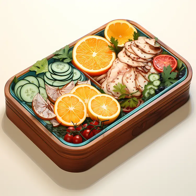Bento Box with Oranges, Chicken, and Vegetables