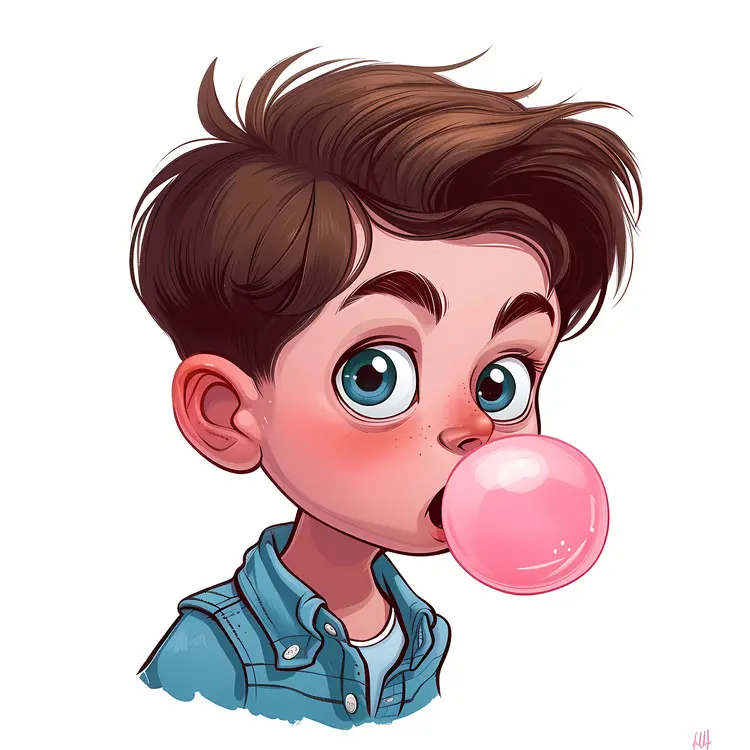 Cartoon Boy with Short Hair Blowing Bubblegum
