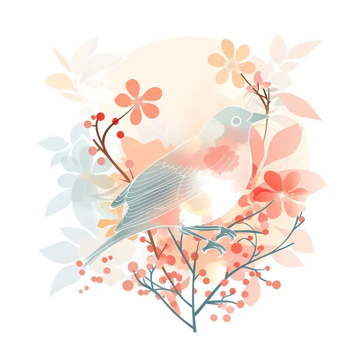 Bird Perched among Flowers and Berries