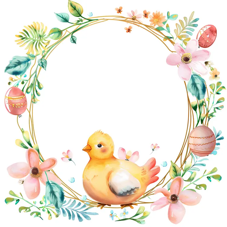 Cute Easter Chick with Eggs and Flowers