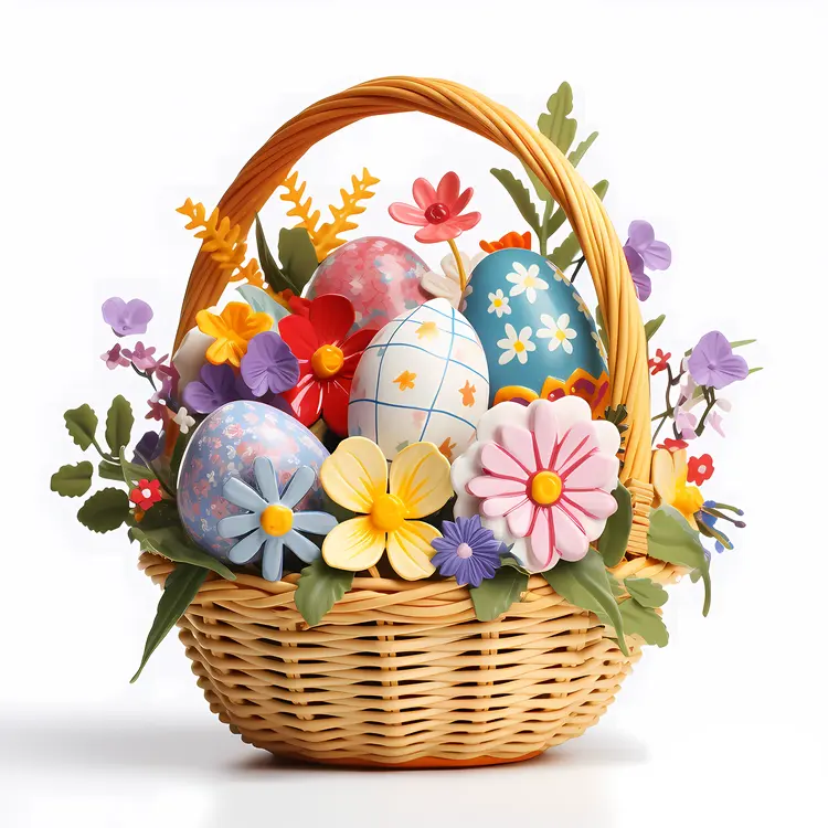 Colorful Easter Basket with Eggs and Flowers