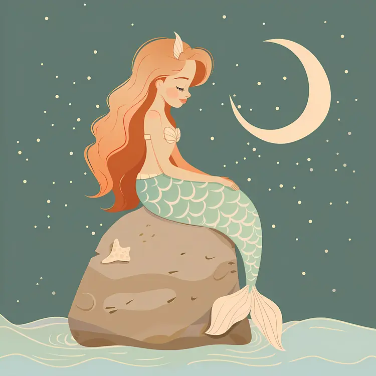 Mermaid on Rock with Moonlit Background