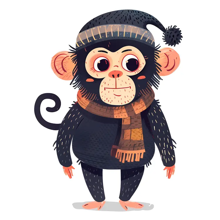 Cute Monkey with Scarf and Hat