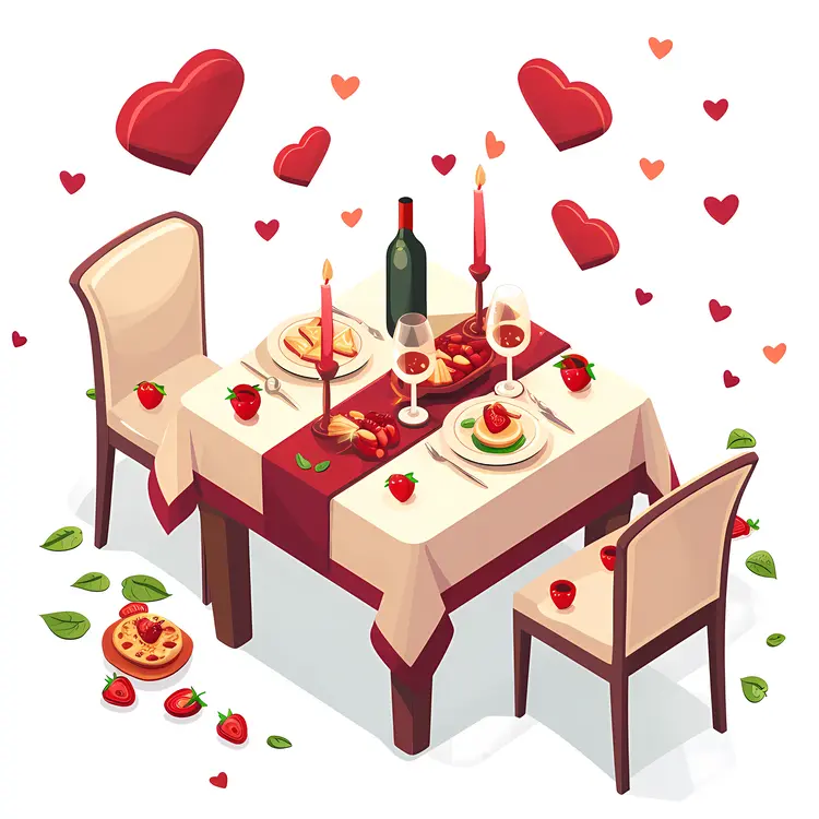 Romantic Dinner Table with Candles and Hearts