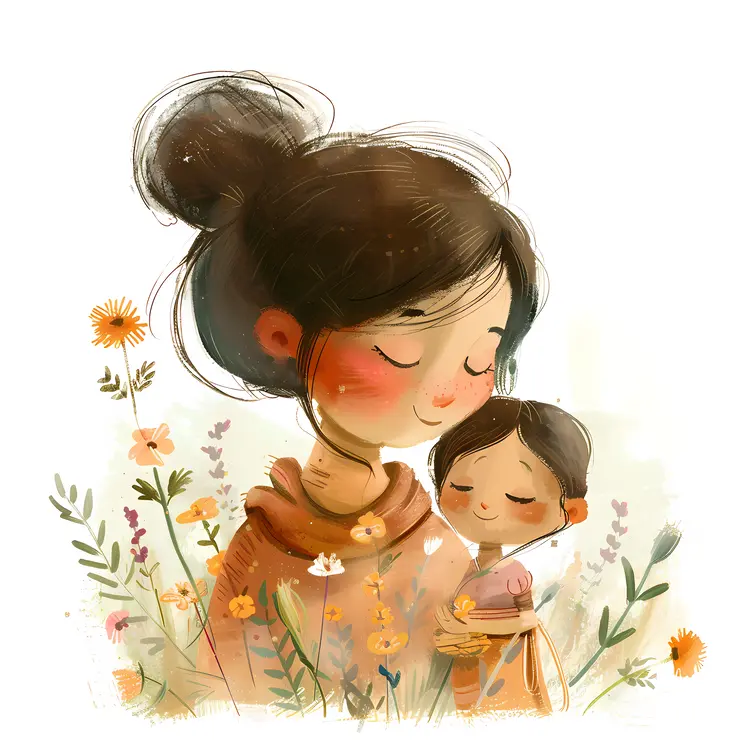 Mother and Child in a Flower Field