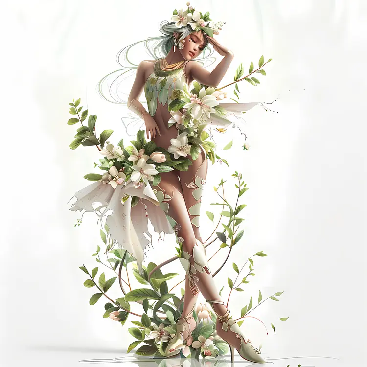 Ethereal Woman Adorned with Flowers and Vines