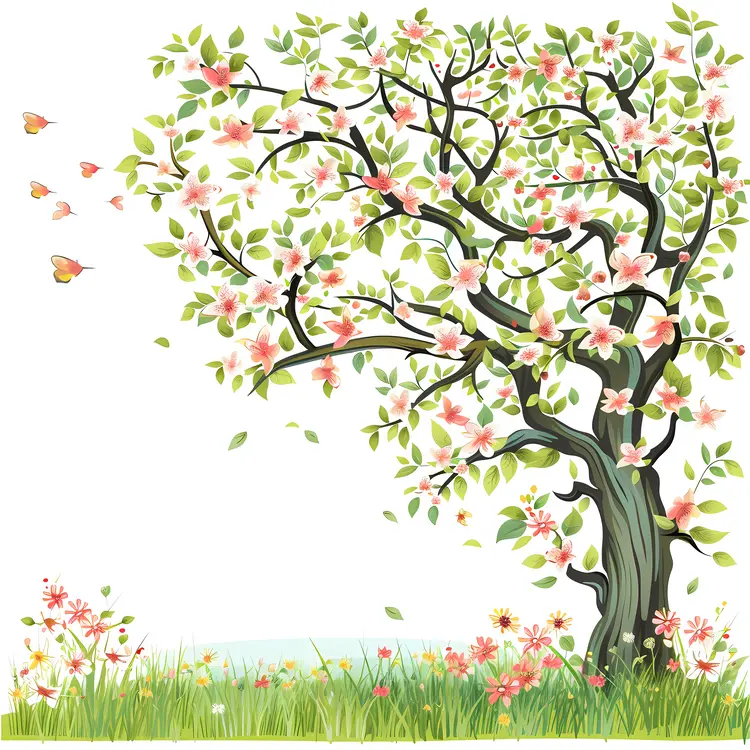 Blossoming Tree with Butterflies in Spring