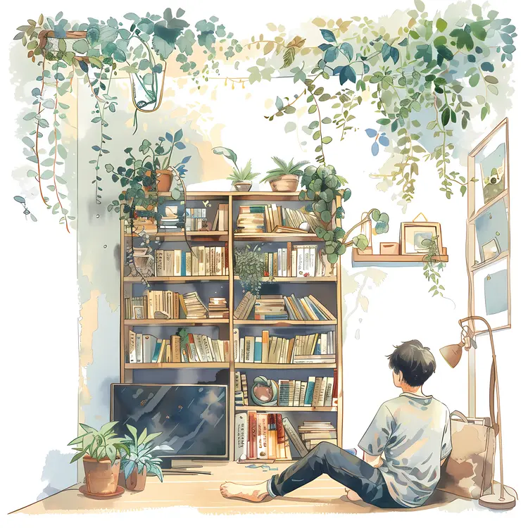 Cozy Reading Corner with Bookshelf and Plants