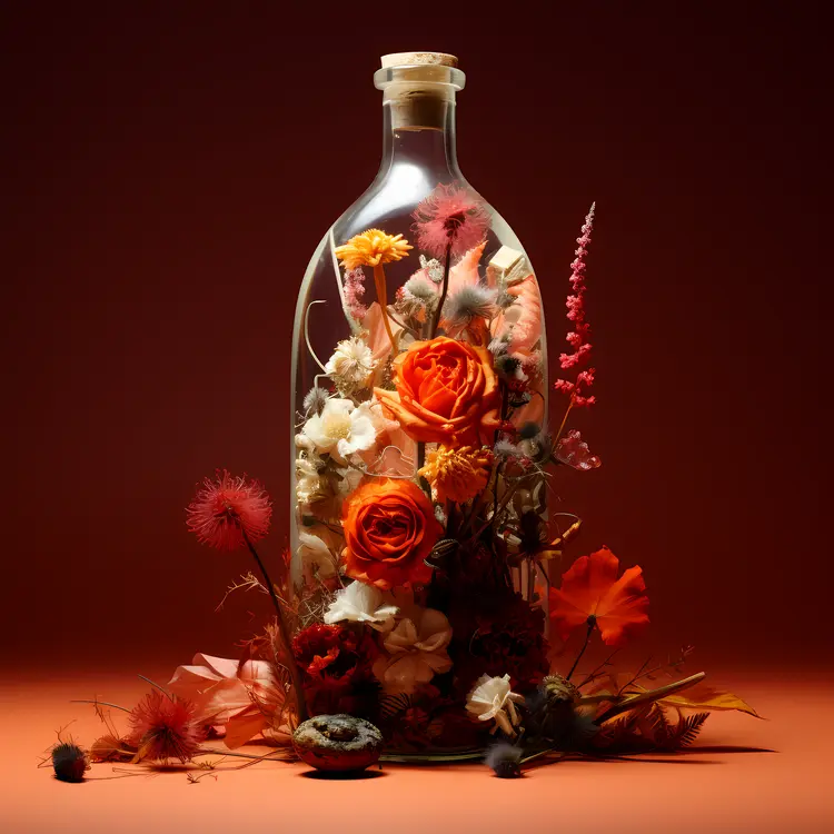 Vibrant Orange and Red Flowers in Glass Bottle