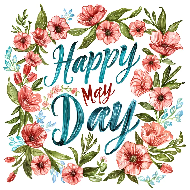 Happy May Day with Pink and Green Flowers