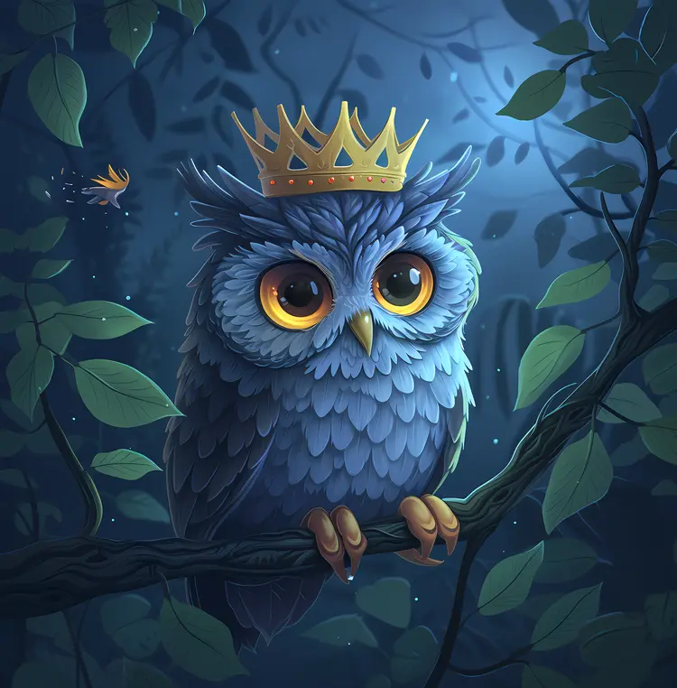 Blue Owl with Crown on Branch