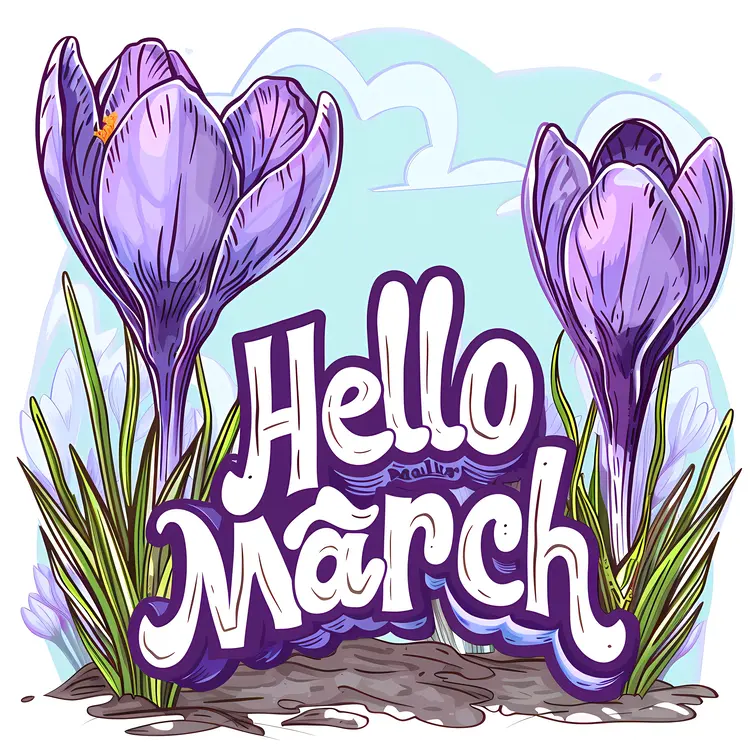 Hello March with Purple Flowers