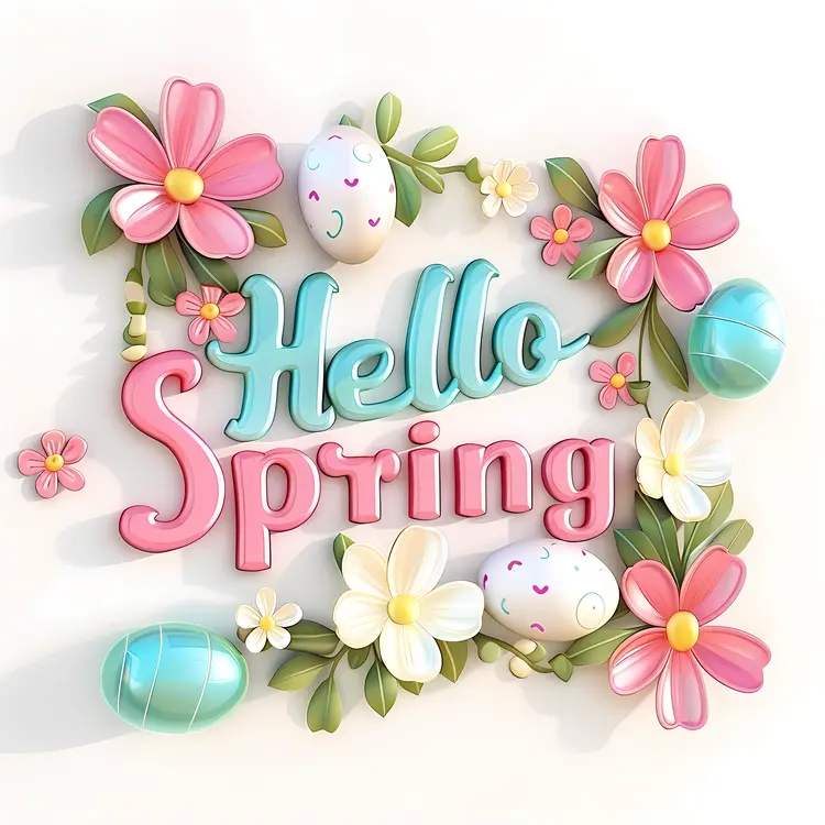 Hello Spring with Pink and Blue Flowers and Eggs