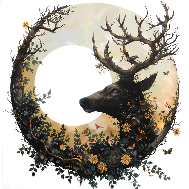 Artistic Deer with Antlers and Flowers