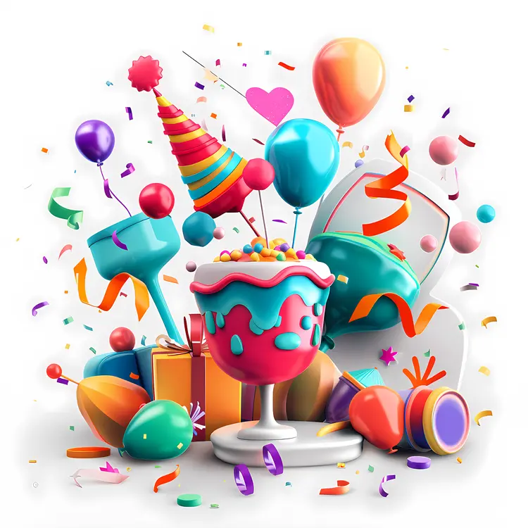 Party Cake with Balloons and Gifts