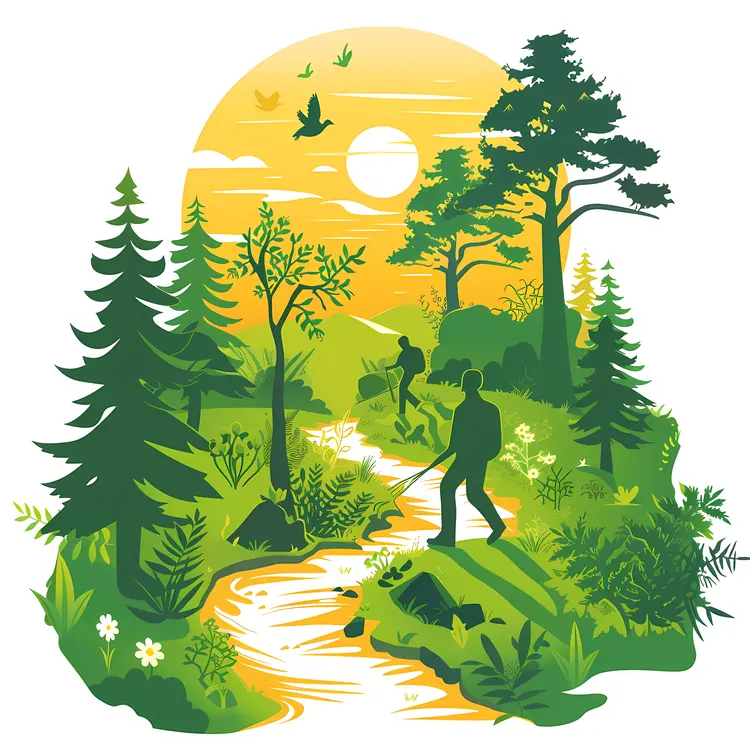 Hikers in a Forest at Sunset